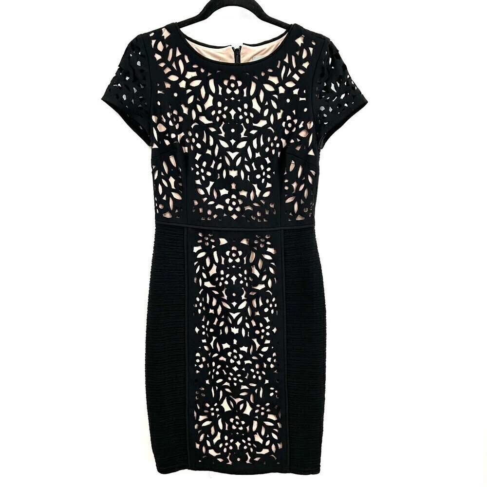 ANTHROPOLOGIE Maeve Black Nude Floral Lasercut Basalt Sheath Dress Office Size 2 - Picture 5 of 13